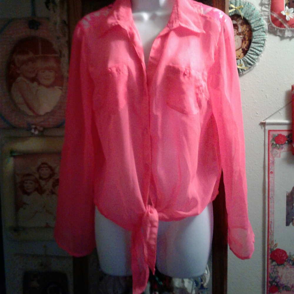 Hot Pink Button Down Top with See Through Lacey Back Detail & Ties at Bottom💕
